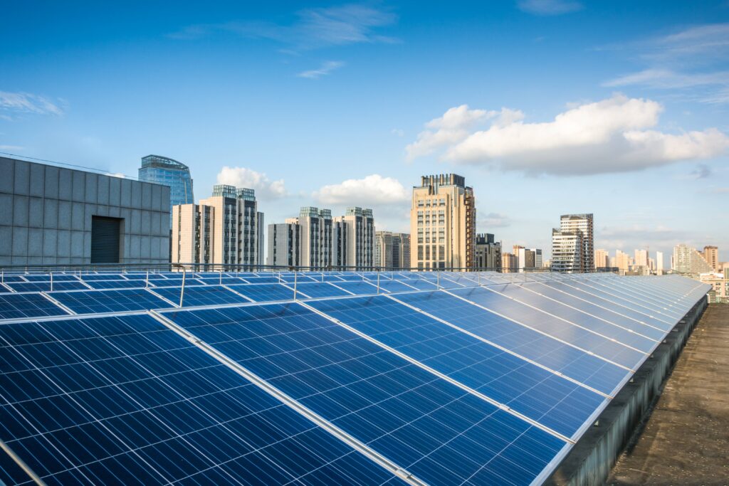 Solar panels on a roof in the city