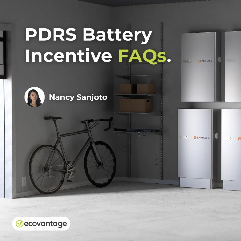 Title PDRS Battery Rebate FAQs answered by Nancy Sanjoto over an image of batteries on the wall of a garage