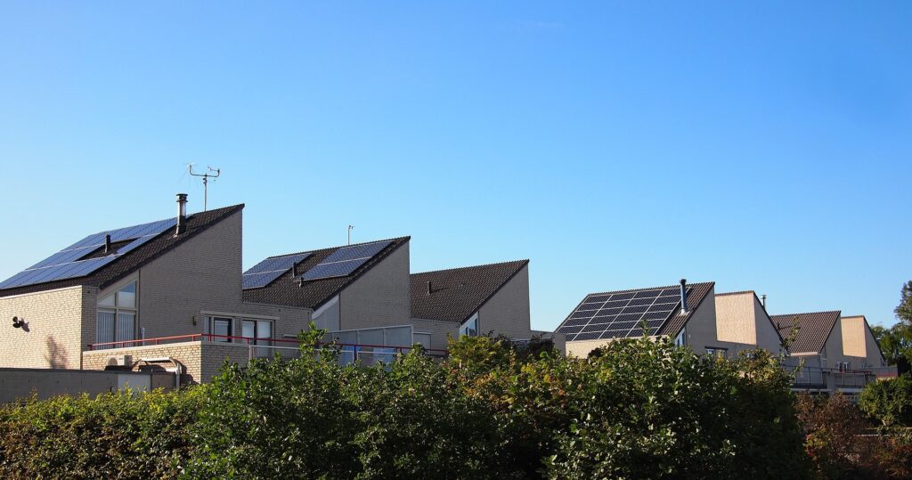 Solar panels on the roof of townhouses
