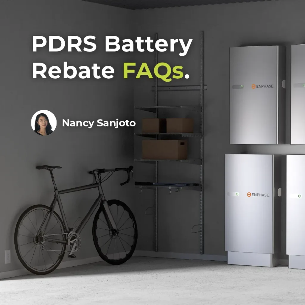 Title PDRS Battery Rebate FAQs answered by Nancy Sanjoto over an image of batteries on the wall of a garage